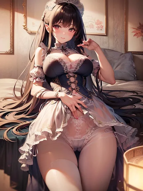 8k、 Best Quality 、  Maximum Clarity  、   very detailed 、Beautiful art、   very detailed、  biologically correct body  、  gentle smile、Maternal、Erotic face、See-through skin 、Large Breasts、(((  Lace Panties with Luxurious Ruffles and Delicate Embroideries)))、p...