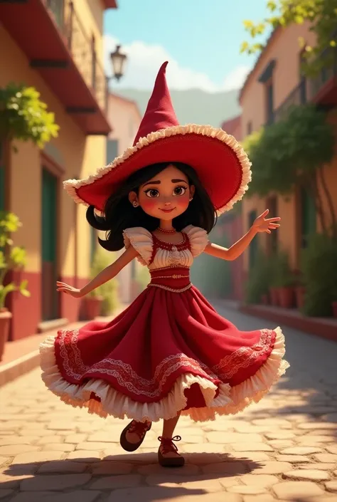 Create an animated Peruvian Disneystyle witch with red and white Creole folk dance clothes