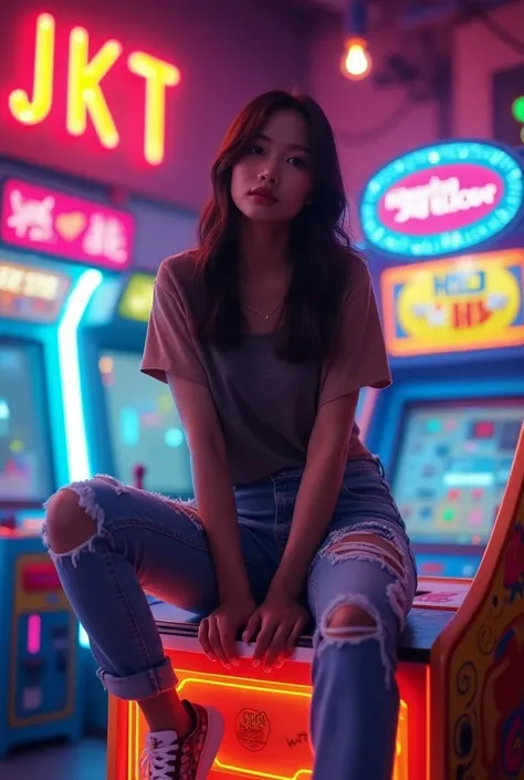 a beautiful young Thai woman. sitting on top of a bright and colorful arcade machine .  The atmosphere is lively and festive ,  with neon lights Inscribed " JKT  " illuminates the interior of the arcade . dressed casually in T-shirts and ripped jeans trous...