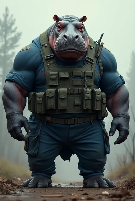 Muscular hippopotamus wearing petrol blue military uniform and bulletproof vest wearing black boot