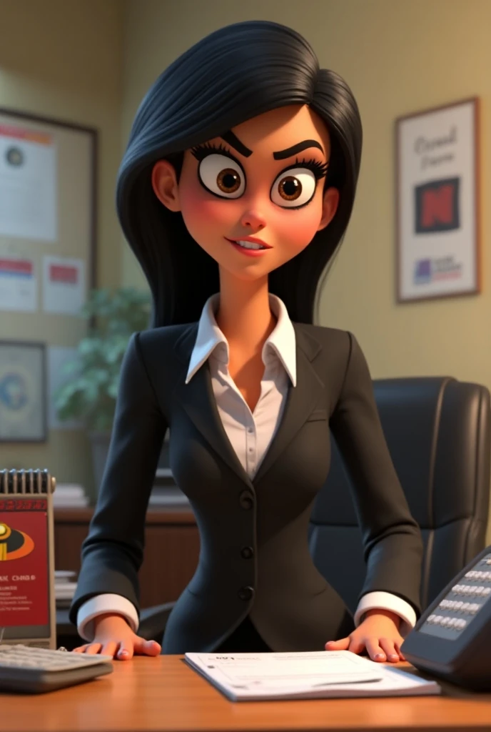 Take a picture of Violeta Pêra from the cartoon The Incredibles selling a credit card as a telemarketer. Shes well-shot wanting to sell . Competitive look and JUST LIKE THE INCREDIBLES CARTOON 