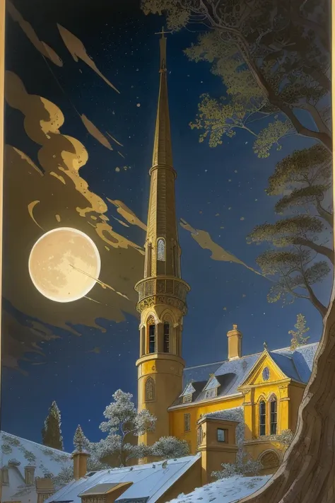 illustration by Jean-Pierre Gibrat; Oil-on-canvas painting of a blue night sky with roiling energy. A fuzzy and bright yellow crescent moon shining at the top. Below the exploding yellow stars and radiating swirls of blue, a distant village sits quietly on...