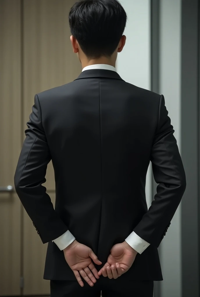 Japanese male idol 18 years old 、Cute handsome guy、slim、 Tight Bodies、Completely naked、 full nude、 full butt 、Sad look、Cover your crotch with both hands、Inside the office、Back view of middle-aged men in suits in front of him、Photo Quality