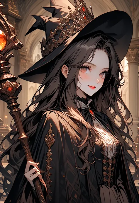 solo, female, close up, witch, long hair, cape, staff, victorian era, fantasy, smile, academy, palace, luxurious, indoors, 