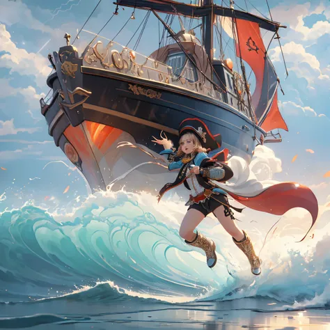 (pirate war),  in the stormy sea ,  the waves are rolling up big bubbles and rushing in .  the sky is covered with dark clouds ,...