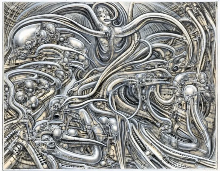 h. r. giger's liminal void, g1g3r, , giger_style, , (triadic:1.1), (proportion:1.1),  (frottage:1.1), (reflected light:1.2), par...