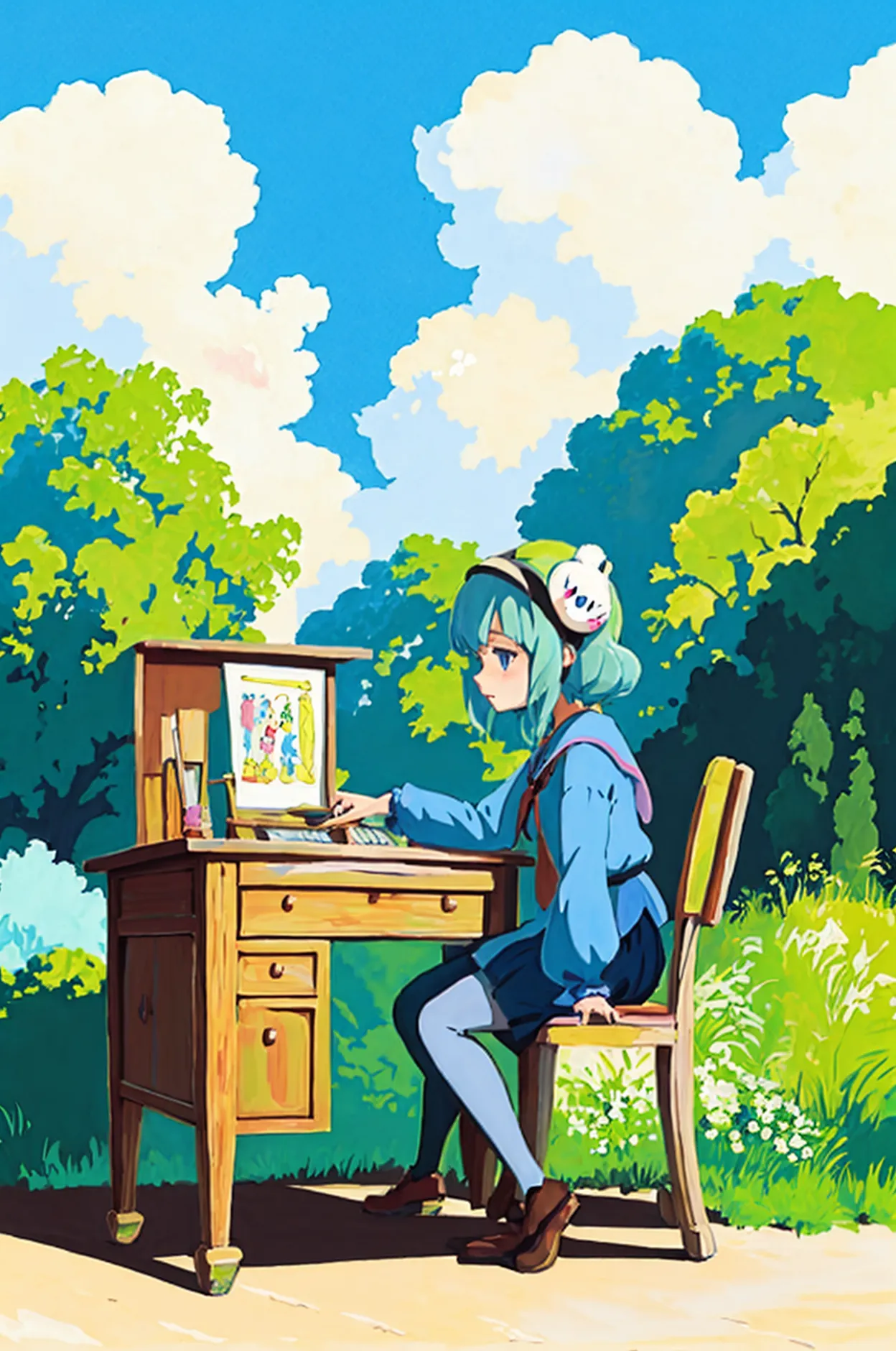 il y a un dessin animé d'une femme assise à un bureau avec un chat, louer girl, louer artstyle, louer girl aesthetic, louer feel...