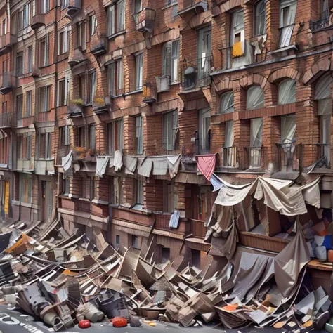 prompteapoor part of the city with tall brick tenement houses some of them have no windows falling plaster,  balconies with dryi...