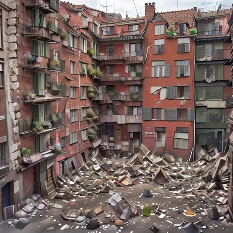 prompteapoor part of the city with tall brick tenement houses some of them have no windows falling plaster,  balconies with dryi...