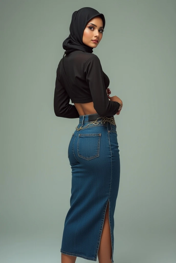  photo with high-heeled hijab, Waist chain, narrow waist, blue jeans tight pencil skirts with slit, look back, the image, 45 years old