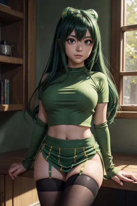 tsuyu asui, a captivating young girl from “my hero academia,” is depicted with stunning detail and realism. her vibrant green ha...