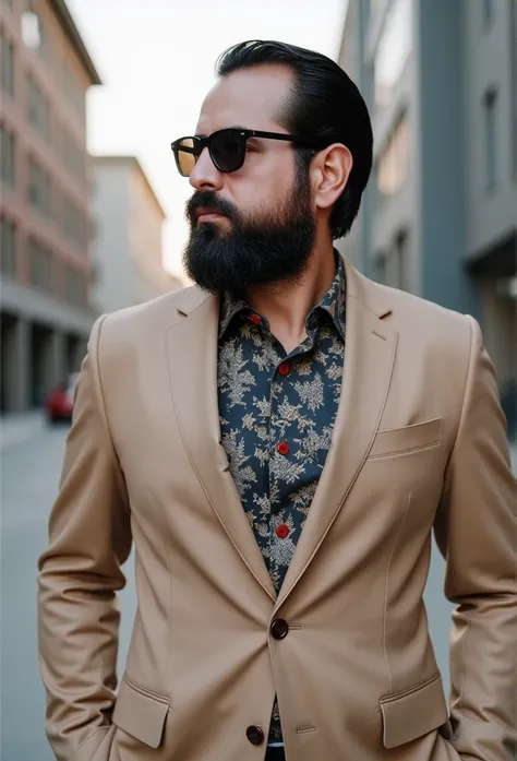 A 39-year-old man,  with a well-groomed beard  ,    he wears an elegant and perfectly fitting beige suit   ,   combined with a randomly colored modern-style shirt  ,    that creates a sophisticated and timeless contrast   .    He wears dark sunglasses that...