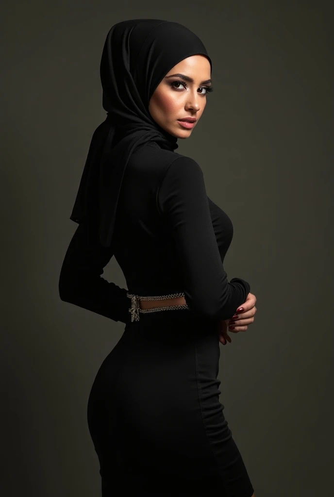  photo with high-heeled hijab, Waist chain, narrow waist, tight pencil skirt with slit, look back, the image, 45 years old