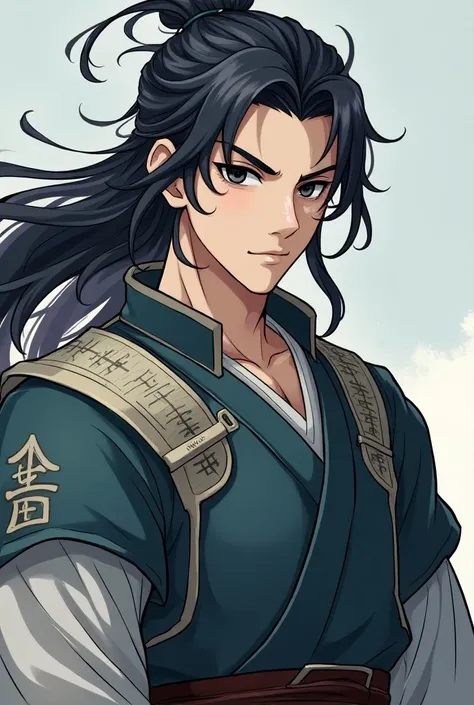 Create a manhwa-style RPG character with an average height and defined muscles, inspired by Park Jong Geon. The hair should be long, like Shingen Yamazaki. He should wear clothing similar to Suguru Geto, incorporating elements that reference the Crystal Is...