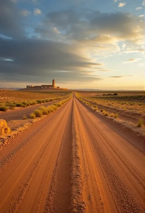 A long, empty road stretches endlessly into the horizon, winding through a vast, arid landscape beneath a sprawling western sky. Far, far in the distance, barely discernible on a distant hill, stands the Seu Vella cathedral, its silhouette faint and almost...