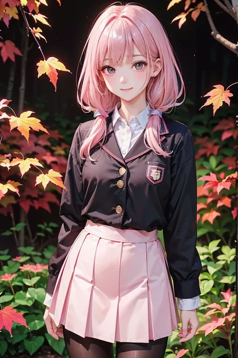 ( Best Quality, high resolution,8k,inelity detailed background, masterpieces by hand:1.2),beautiful girl,(Glossy pink-colored hair:1.3),(long hair:1.2) ,messy hair,Beautiful pink eyes,autumn,school uniform,blazer,skirt,black tights,(zettairyoiki:1.2),Gentl...