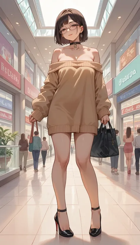 full body nude asian girl giant boobs completely nude crowded mall heels glasses off shoulder hair choker