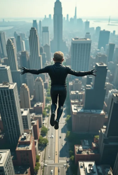 An image of a person flying over a city.