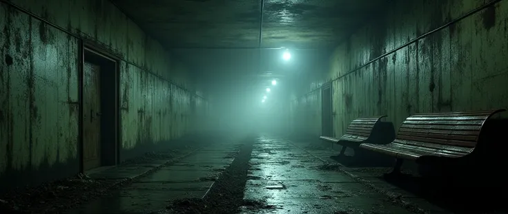 A dark, empty underground station at night, flickering lights casting eerie shadows, damp concrete walls, scattered debris, rusting metal benches, ominous atmosphere, subtle mist lingering, (best quality, 4k, high resolution, masterpiece:1.2), ultra-detail...