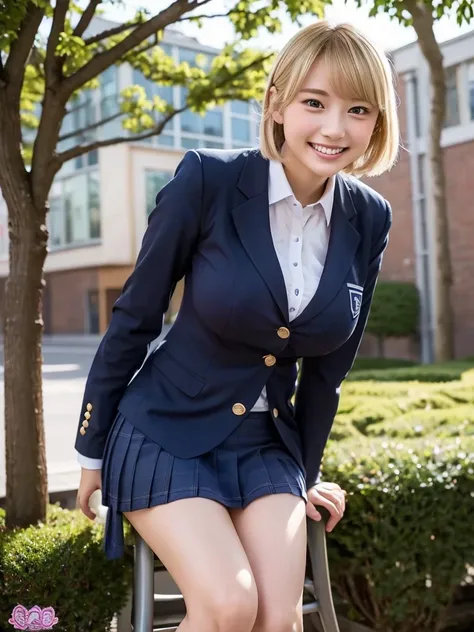 High School Uniform、Large Breasts、g-cup、Blonde、Hunchback、School in the background、Leaning forward,smile, 