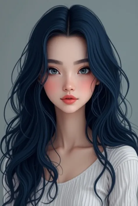 European trait and ethnicity , Argentinian girl,  Argentinian woman with a European ethnicity with pale and very white skin , pale skin, Albina Piel, whiter skin , super pale ,  with midnight blue hair , a dark blue in hair , Almond-eyed girl ,splashed nos...