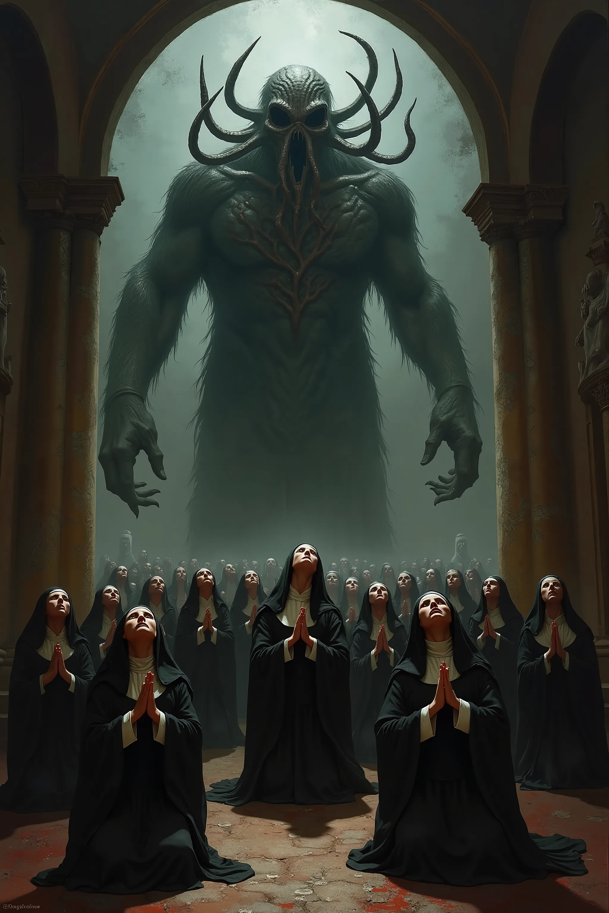 Cthulhu's god is behind him, crazy nuns praying fervently for Cthulhu's resurrection, powerful paintings, gothic style paintings, mood of horror