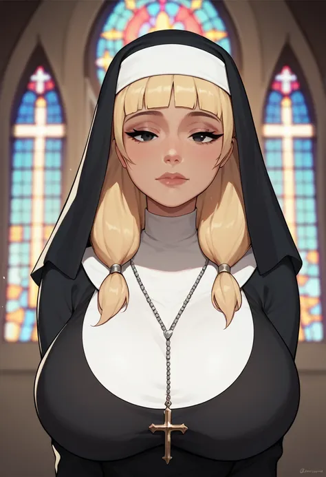 score_9, score_8_up, score_7_up, score_6_up, 1girl, face focus, face close up, massive breasts, thick thighs,
1girl, blonde hair, blunt bangs, very medium hair, low twintails, Black eyes,
Nun outfit, necklace, church background