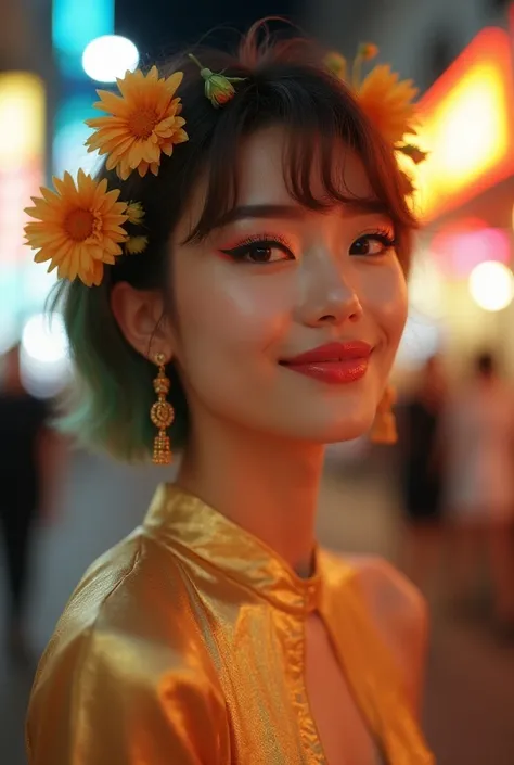 female idol、shiny lip gloss、smiling face、smoky eyeshadow、winged eyeliner、((dramatic lashes))、female silk dress（gold)、flowers、multicolor short hair、flowers in the hair (gold)、conceptual art, High quality, Realistic, extremely detailed CG unified 8k wallpape...