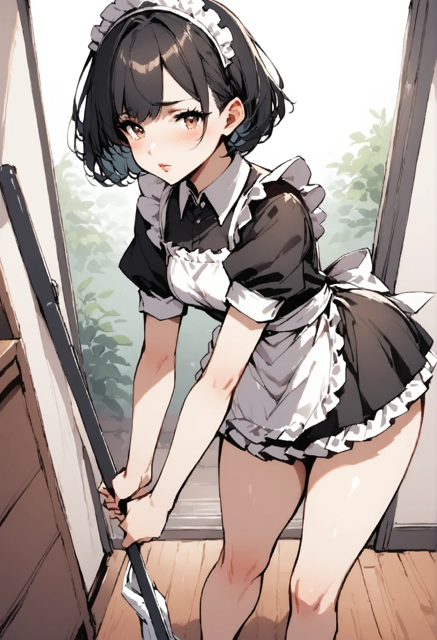 a hot young girl in the kitchen, dressed as a sexy maid ((  short hair is black)) big body, cleaning the house without panties, ...