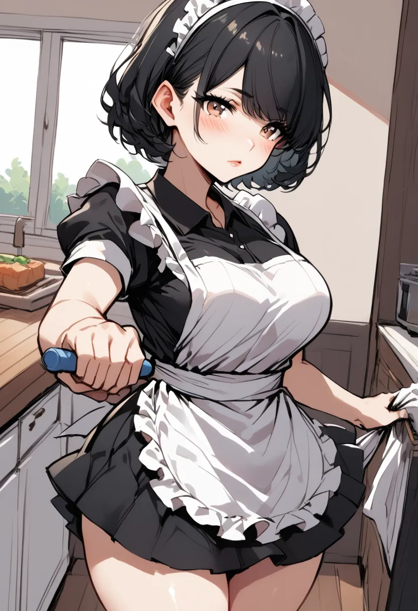 a hot young girl in the kitchen, dressed as a sexy maid ((  short hair is black)) big body, cleaning the house without panties, ...