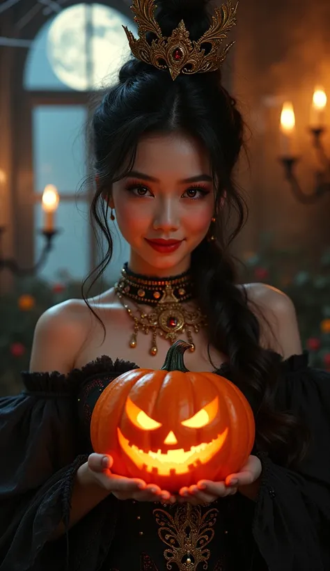 a beautiful young thai woman,detailed face,detailed eyes,detailed lips,long eyelashes,smiling,holding a shiny pumpkin,ornate halloween costume,haunting house interior,cobwebs,candles,moon through window,dramatic lighting,vibrant colors,(best quality,8k,hig...