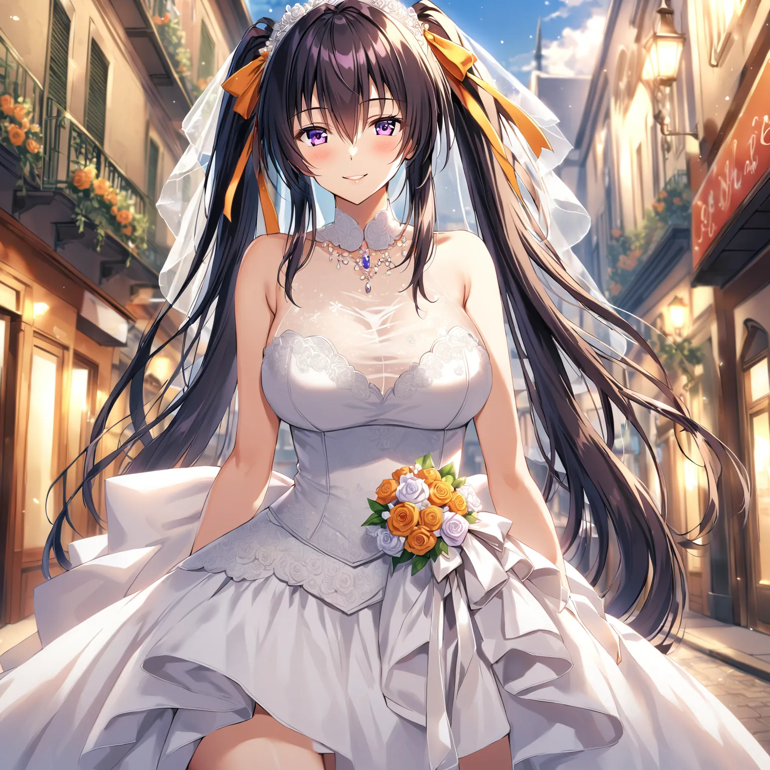 himejima_akeno, 1 girl, alone, long_hair, at, looking at the viewer , smile, big_breasts,  sexy wedding dress , negro_hair, hair...