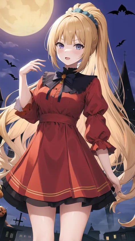 masterpiece, best quality, highres, aakei, long hair, blonde hair, ponytail, hair scrunchie, halloween dress,