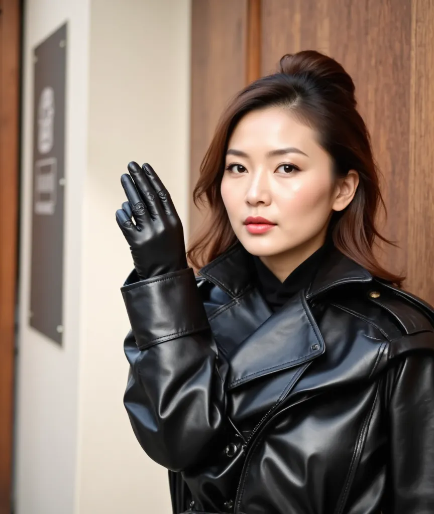 64k, ultra realistic black leather long gloves, black leather two korean female futanari fashion model-actress got penis with hy...