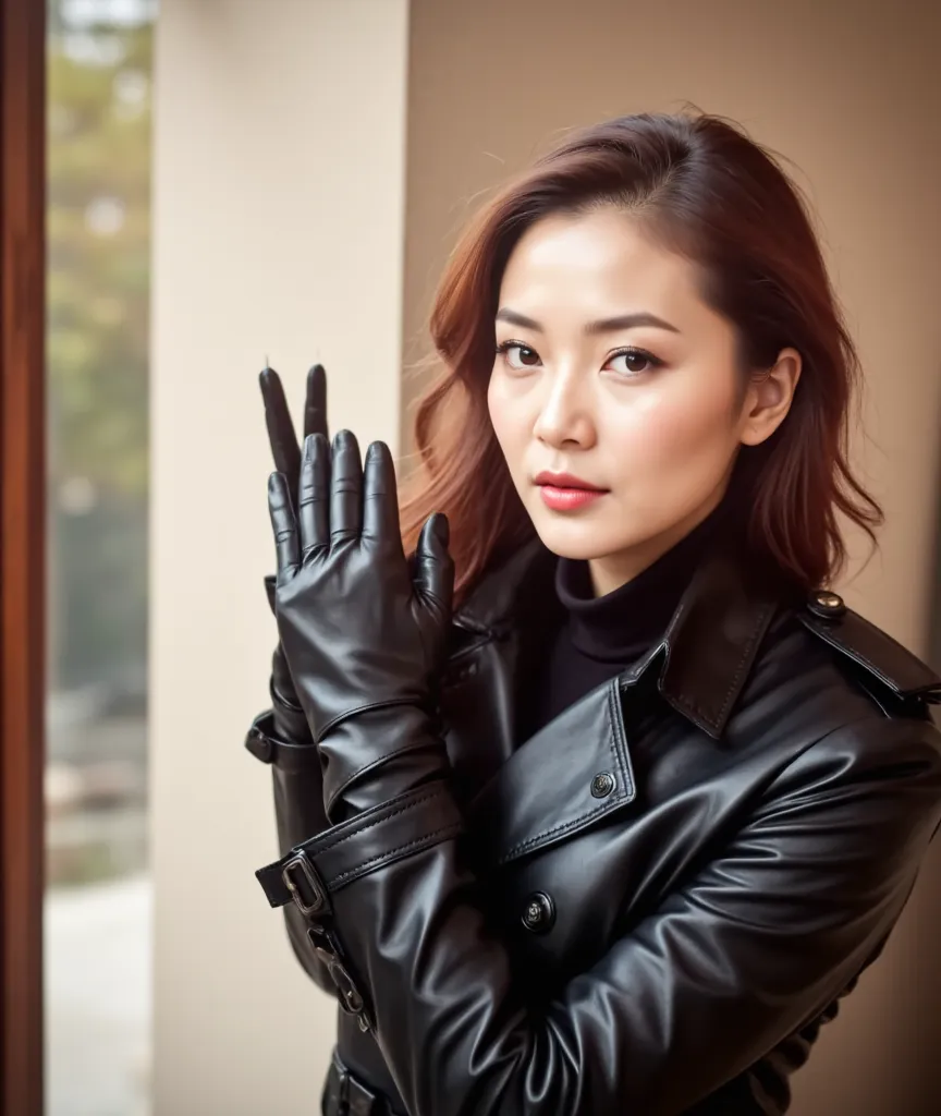 64k, ultra realistic black leather long gloves, black leather two korean female futanari fashion model-actress got penis with hy...