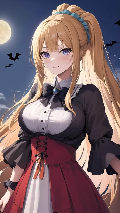 masterpiece, best quality, highres, aakei, long hair, blonde hair, ponytail, hair scrunchie, halloween dress,