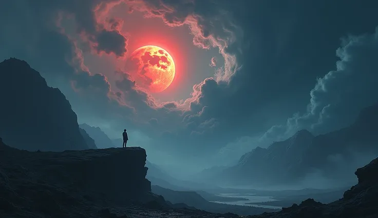 A dramatic view of a dark, stormy sky filled with swirling clouds illuminated by a blood-red Mars and a deep blue Pluto in the distance, casting an ominous glow on a lone figure standing on a rocky cliff, gazing upward in contemplation. --ar 16:9