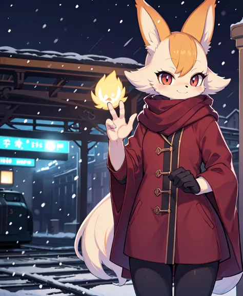 (by wamudraws, by b-epon, by exed eyes:1.25), anthro (fennekin:1.25), red scarf, detective cloak, standing, smile, waving at vie...