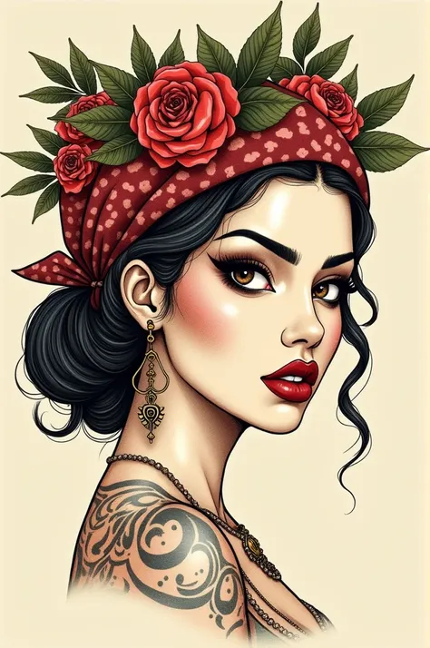 "An illustration of a chicana mandrake chola with a fierce, determined expression. She has bold eyeliner, deep red lipstick, and wears a patterned bandana tied around her head. Hoop earrings and subtle tattoos accent her look, while roses and elegant Art N...