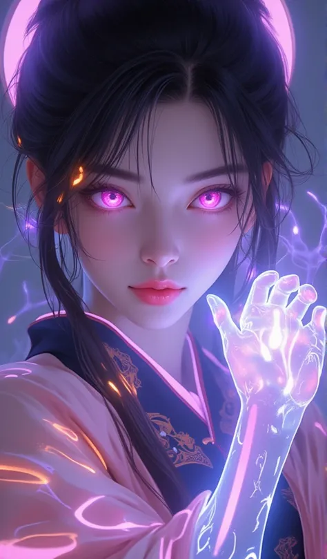 **Prompt para Personagem: Nezuko with Bioluminescent Effects:**

A young woman named Nezuko, with delicate and expressive features, with skin clear and large pink eyes that seem to glow with ethereal intensity. Her black hair is long, fluid, and gently wav...