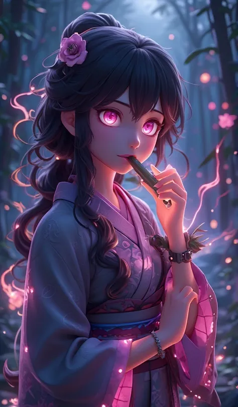 a young woman named nezuko, with delicate and expressive features, with skin clear and large pink eyes that seem to glow with et...