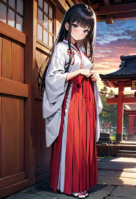 twilight sky,(teen),full body,light smile,miko,shrine maiden outfit,((wearing japanese white clothes)),((red hakama)),((hakama lift)),((White panties)),small breasts,(long straight hair), black hair,blunt bangs,black eyes,beautiful body,(bashful),exposed,s...