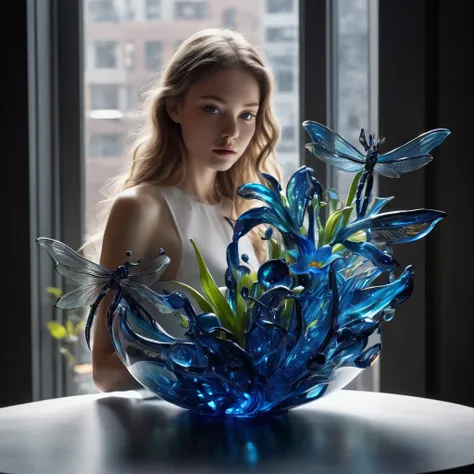 high resolution ,  high quality, masterpiece. hyperrealism. 35award winner .  glass sculpture ,  reminiscent of dale chihuly's s...