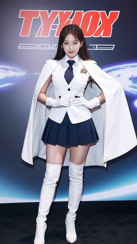   natural superpower lady Typhoon Lady Taeyeon wears a uniform with the Typhoon logo， white cape ,  wear long white gloves on both hands ,  wear white over-the-knee boots on her feet , Stand in the eye of the typhoon ， unleash the power of FX 100 %Full bod...