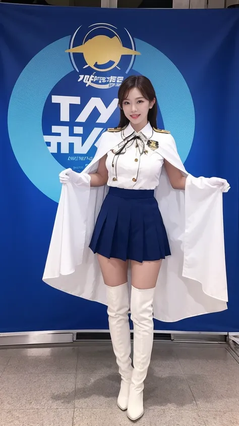   natural superpower lady Typhoon Lady Taeyeon wears a uniform with the Typhoon logo， white cape ,  wear long white gloves on both hands ,  wear white over-the-knee boots on her feet , Stand in the eye of the typhoon ， unleash the power of FX 100 %Full bod...