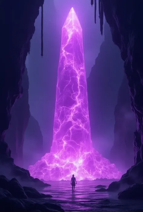 In a dark, mysterious cave, a massive purple crystal towers over its surroundings, radiating an intense, vibrant light that pierces the shadows. This colossal gem emits powerful beams of energy, illuminating the cavern with an otherworldly glow. Its surfac...