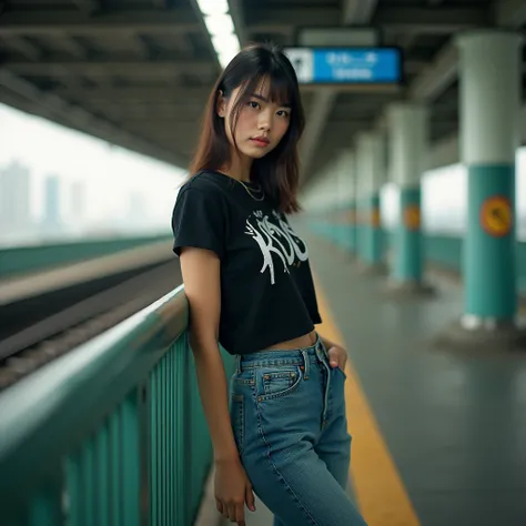 masterpiece of photography, a thai pretty girl 23yrs medium long straight bang hairstyles, wear slim fitting black t-shirts white pattern, long jeans denim cargo style and white sneakers, standing leaning in of btsskytrain in rush hours morning, look attra...