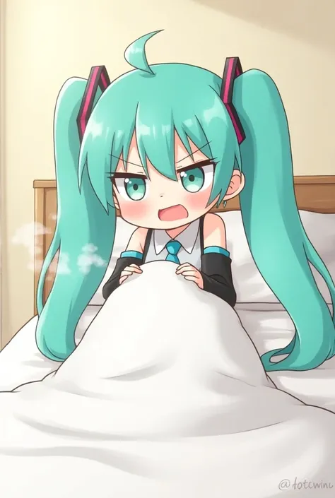 hatsune miku, farting, sitting on bed, angry, cute