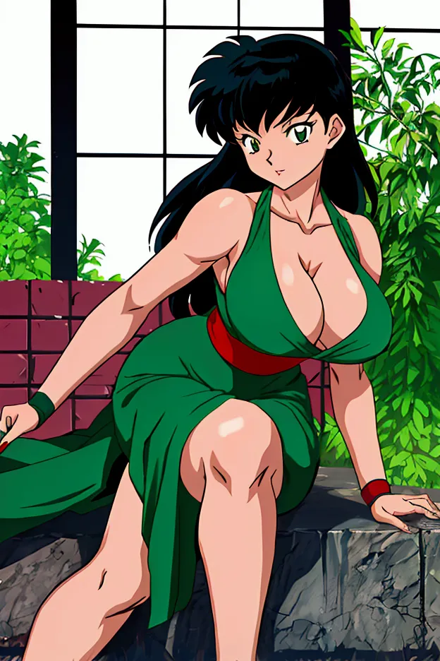 in the art style of the anime inuyasha, imagine kagome higurashi as an alluring kunoichi. she has big breasts, and her outfit is...