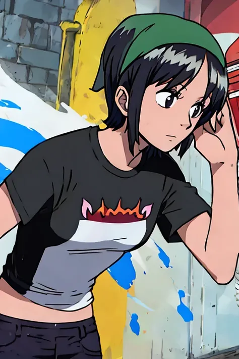 Girl, black hair, durag, very short hair, tshirt, paintspray